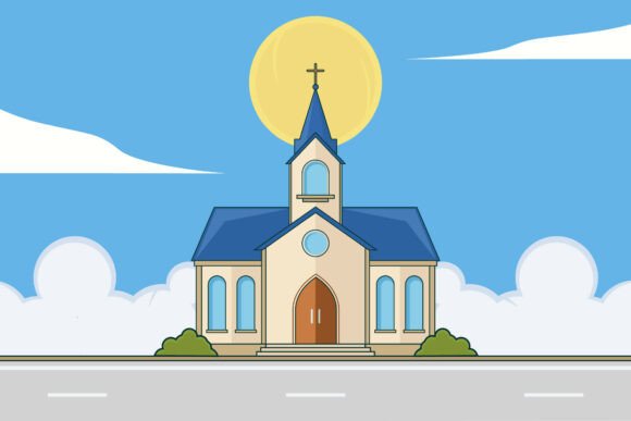 Church Building Landscaped Vector Design