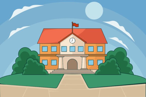 School Building Landscaped Vector Design